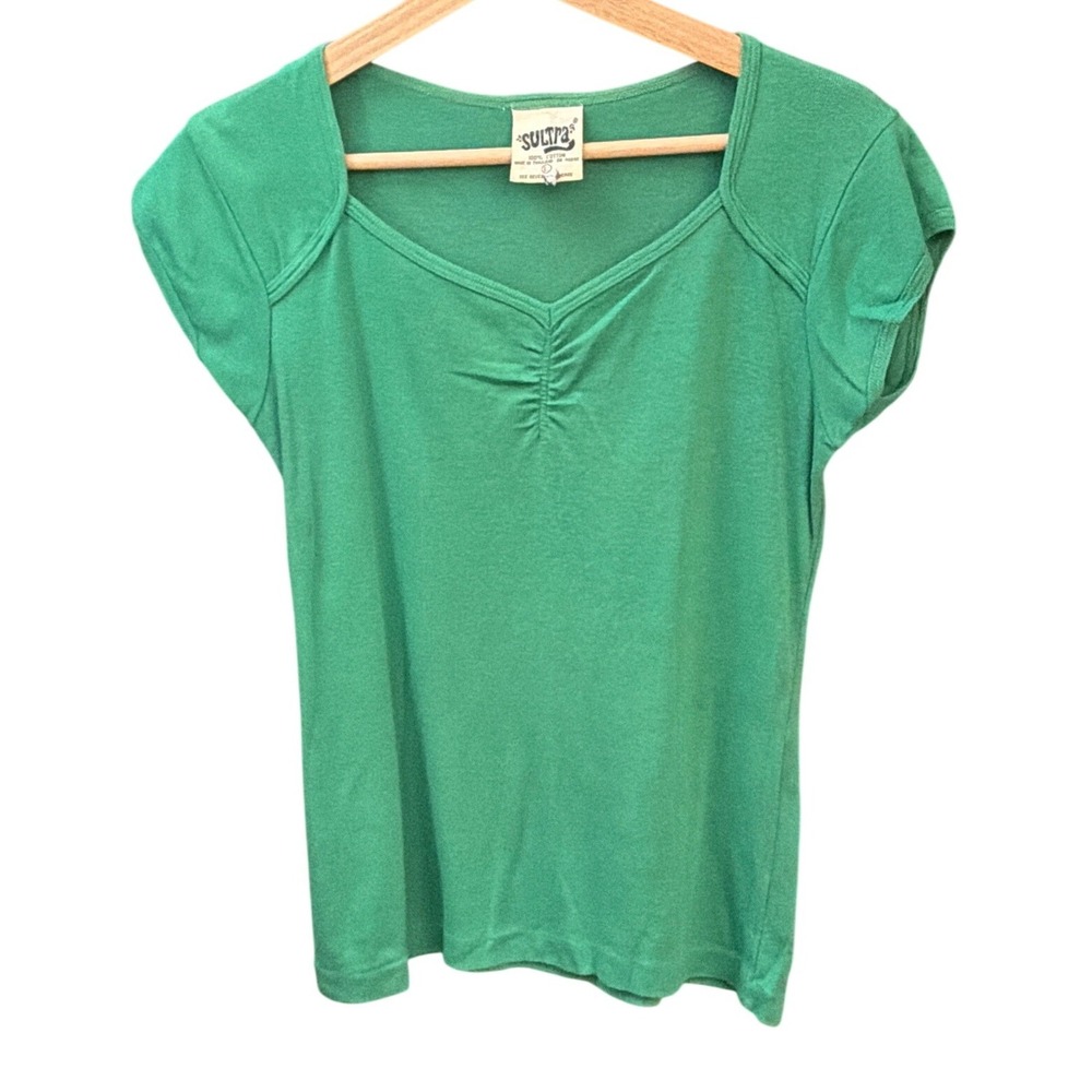 Vintage Y2K 90s Style Sultra Green Ruched Top Y2K Fairycore Earthy Boho Nature